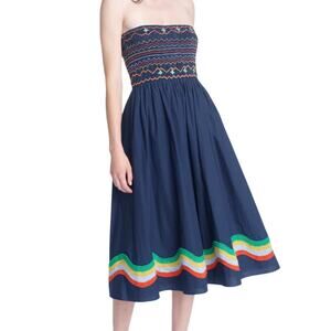 Corey Lynn Calter Queenie Dress Smocked Sleeveless Midi Dress Blue Embroidered L